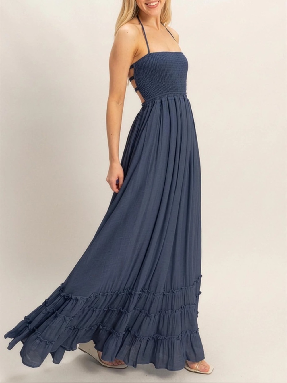 NWT Tiered Boho Smocked Halter Strappy Back Maxi Dress Navy Blue - Picture 6 of 8